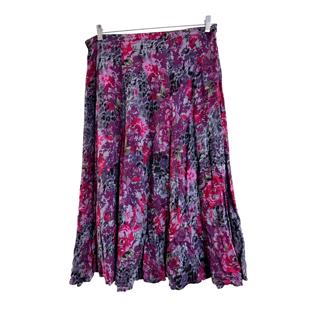 White Stag Womens Floral Leopard Print Midi Skirt Purple Pink A-Line Size‎ L